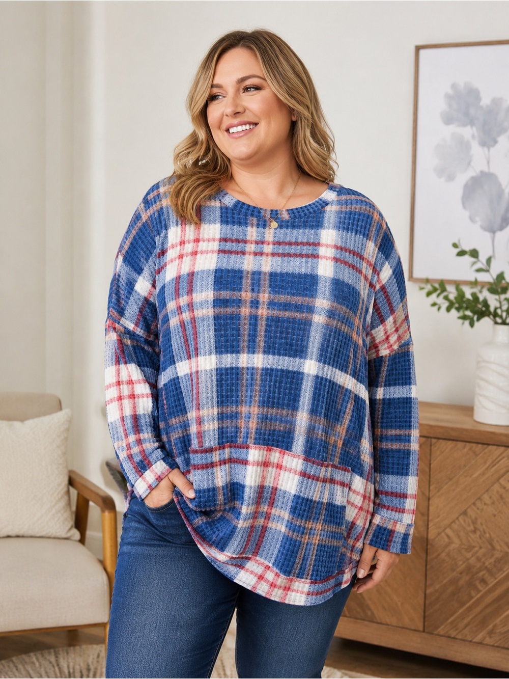 Blue Plaid Waffle Knit Long Sleeve Pullover
